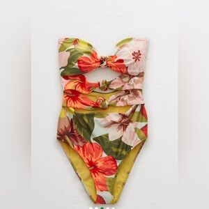 aerie Floral Bandeau One-Piece Swimsuit in Olive, Coral, Pink